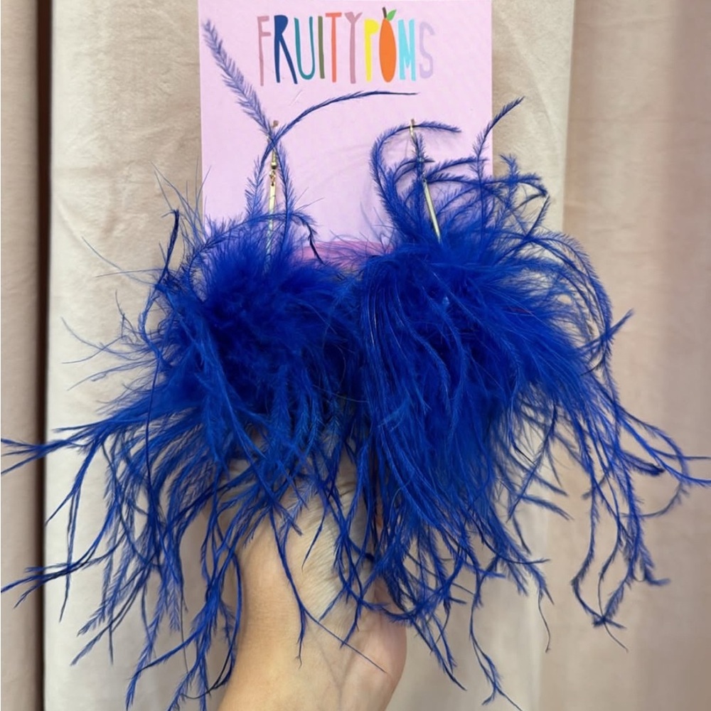 Fruity Poms Vibrant Blue Feather Earrings